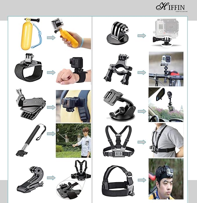HIFFIN Branded 65 in 1 Compatible for GoPro, Sony Action Cam, Nikon, Garmin, Ricoh Action Cam, SJCAM, iPhone and Android | Epic Photo Shooting