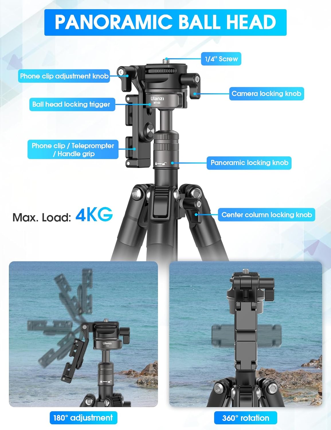 ULANZI MT-63 57" Foldable Tripod, 2-in-1 Clip, 5KG Load, Ball Head