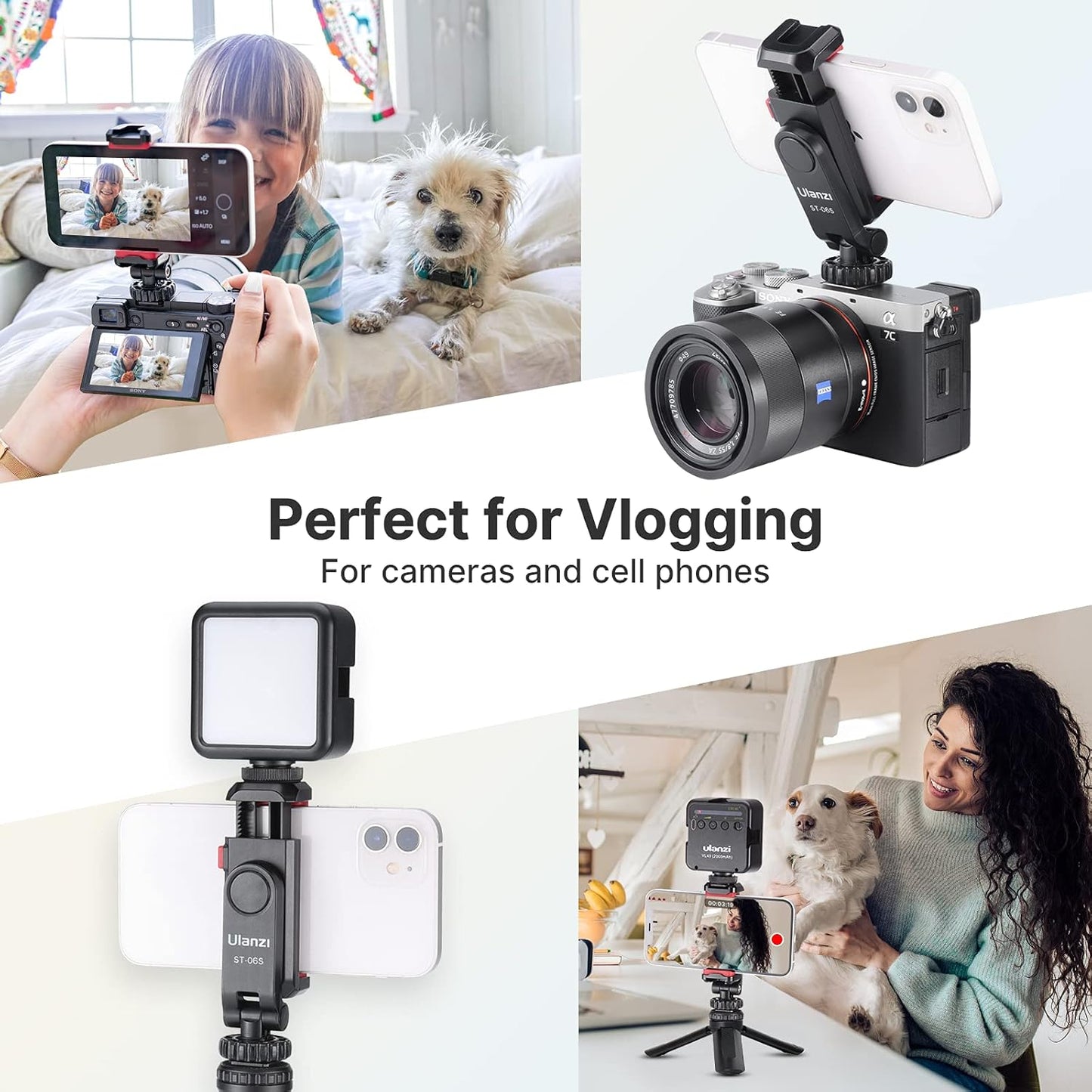 Uanzi ST-06S Universal Smartphone Mount with 2 Cold Shoes, 360° Rotation, Adjustable Clip