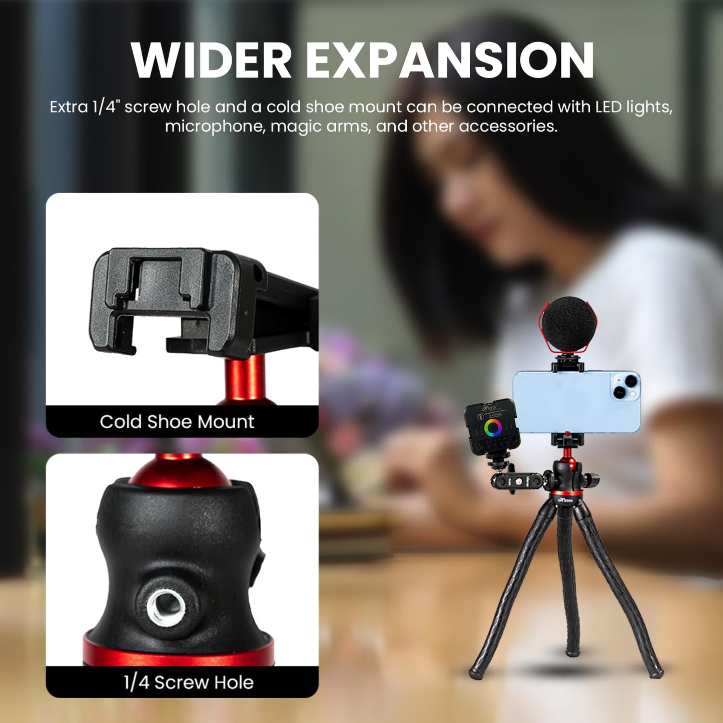 HTR-11 Mini Flexible Tripod with Phone Holder, Cold Shoe & 1/4 Screw