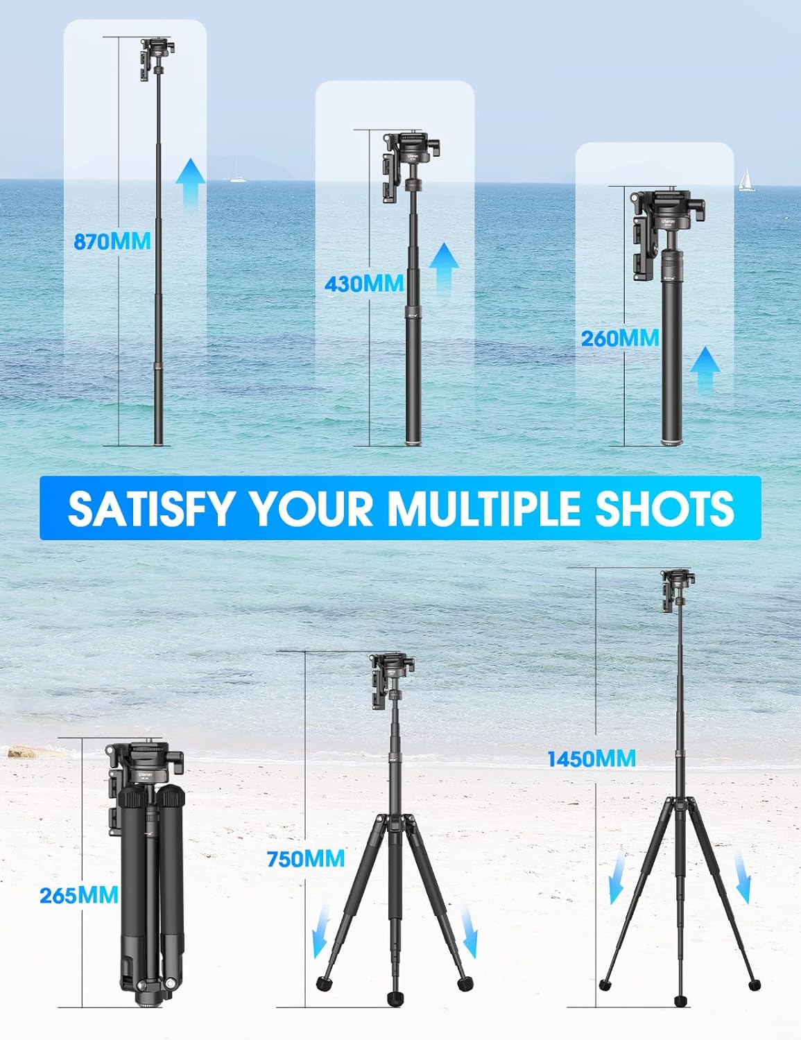 ULANZI MT-63 57" Foldable Tripod, 2-in-1 Clip, 5KG Load, Ball Head