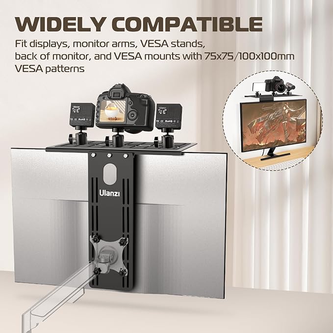 ULANZI LS16 DSLR Monitor Top Shelf for VESA Arm, Camera Mount Clamp for Light, Webcam, Mic, Replace Clamp Tripods for Camera Desk Mount, for Live Stream, Video Conferencing, YouTube, TikTok