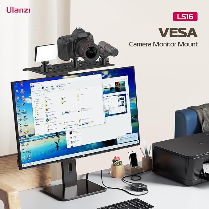 ULANZI LS16 DSLR Monitor Top Shelf for VESA Arm, Camera Mount Clamp for Light, Webcam, Mic, Replace Clamp Tripods for Camera Desk Mount, for Live Stream, Video Conferencing, YouTube, TikTok