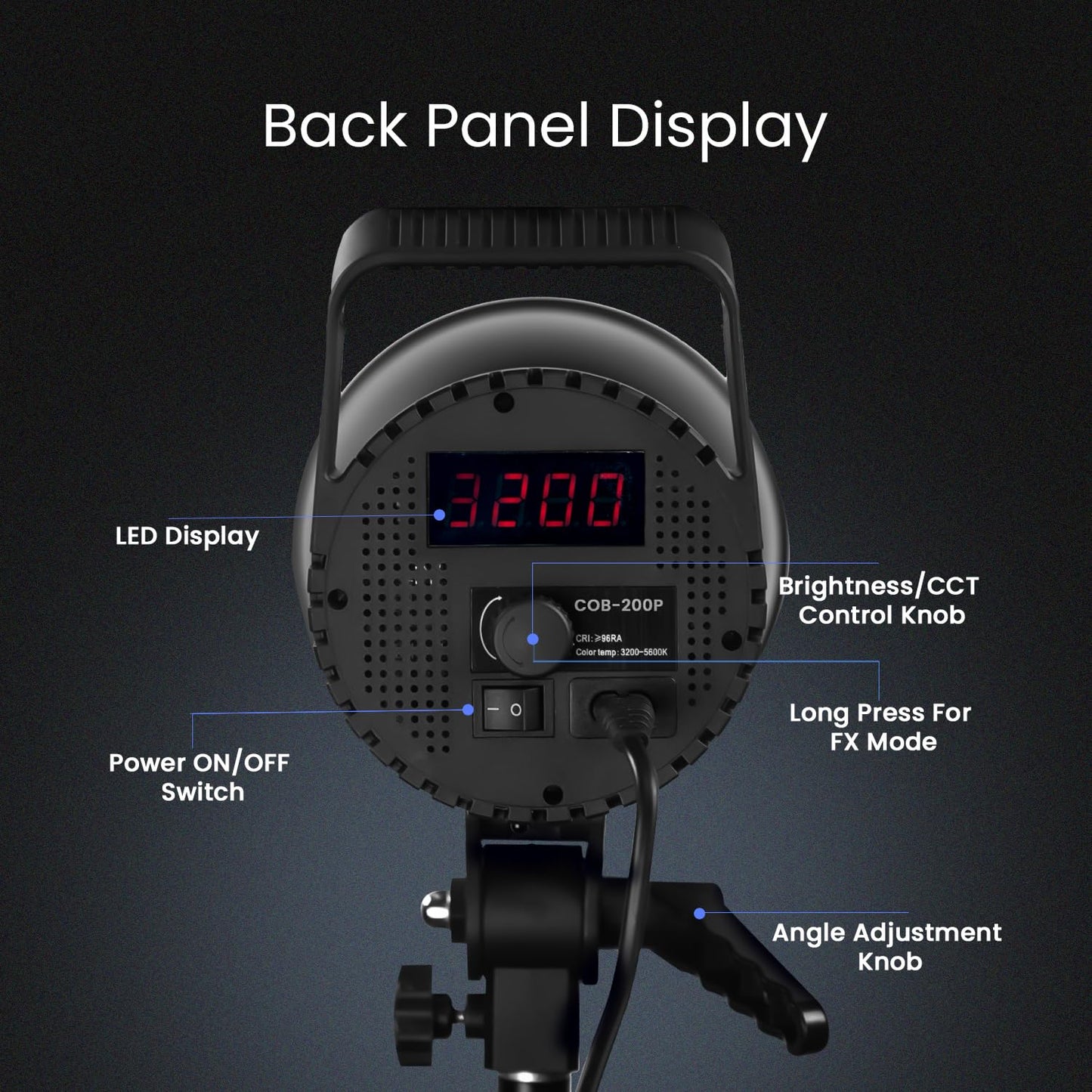 COB-200P 200W LED Video Light, 3200K-5600K Dimmable, Remote Control