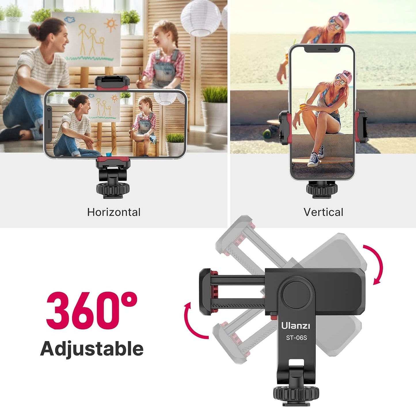 Uanzi ST-06S Universal Smartphone Mount with 2 Cold Shoes, 360° Rotation, Adjustable Clip