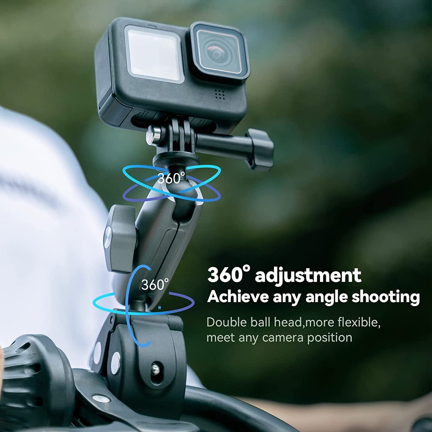 TELESIN Camera Clamp Handlebar Bike Mount 360° Double Ballhead Magic Arm with 1/4"-20 Thread for Motorcycle Monitor Canon Nikon DSLR/Gopro/LED Lights/Ronin-M/Ronin MX/Freefly