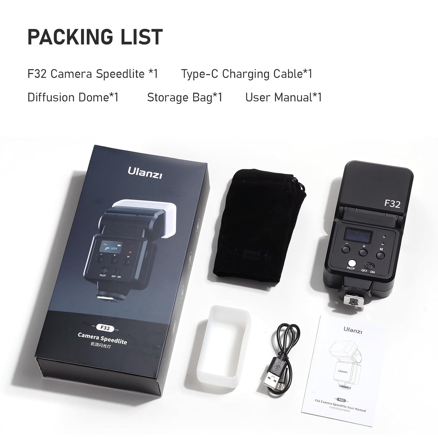Ulanzi F32 Camera Flash Speedlite GN32 5600K Hot Shoe for Canon Sony Nikon
