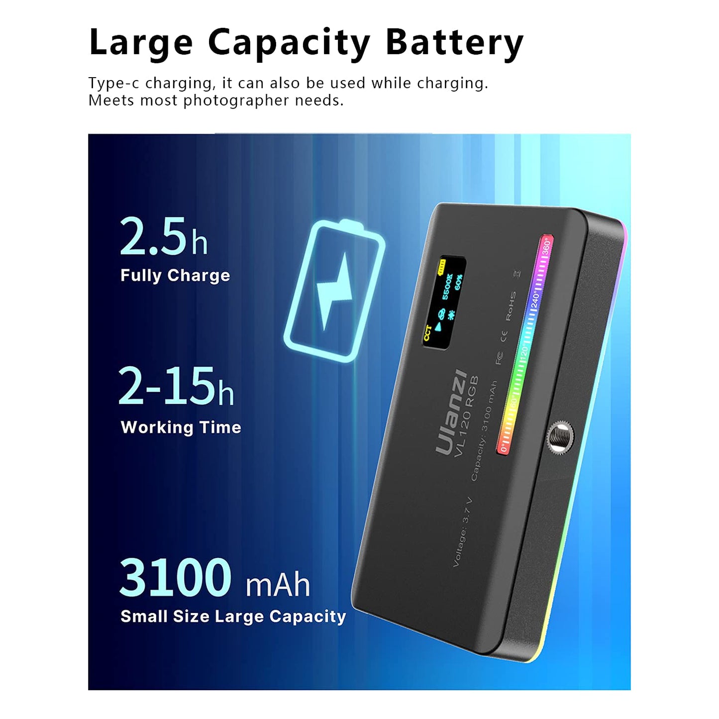 ulanzi VL-120 RGB Video Light, Pocket LED with 3100mAh Battery, 20 Effects