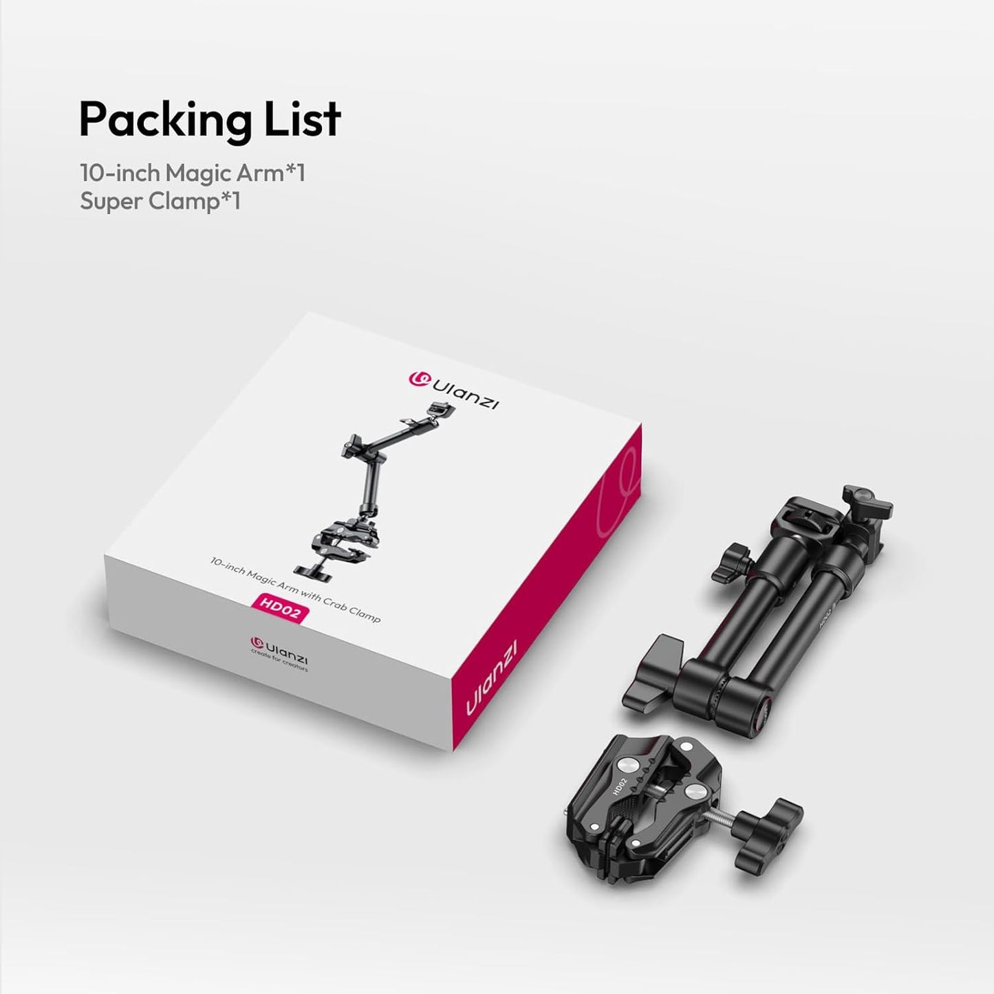 HD02 10" Magic Arm Super Clamp, Camera Mount, 1/4" 3/8"Pins NATO Rail