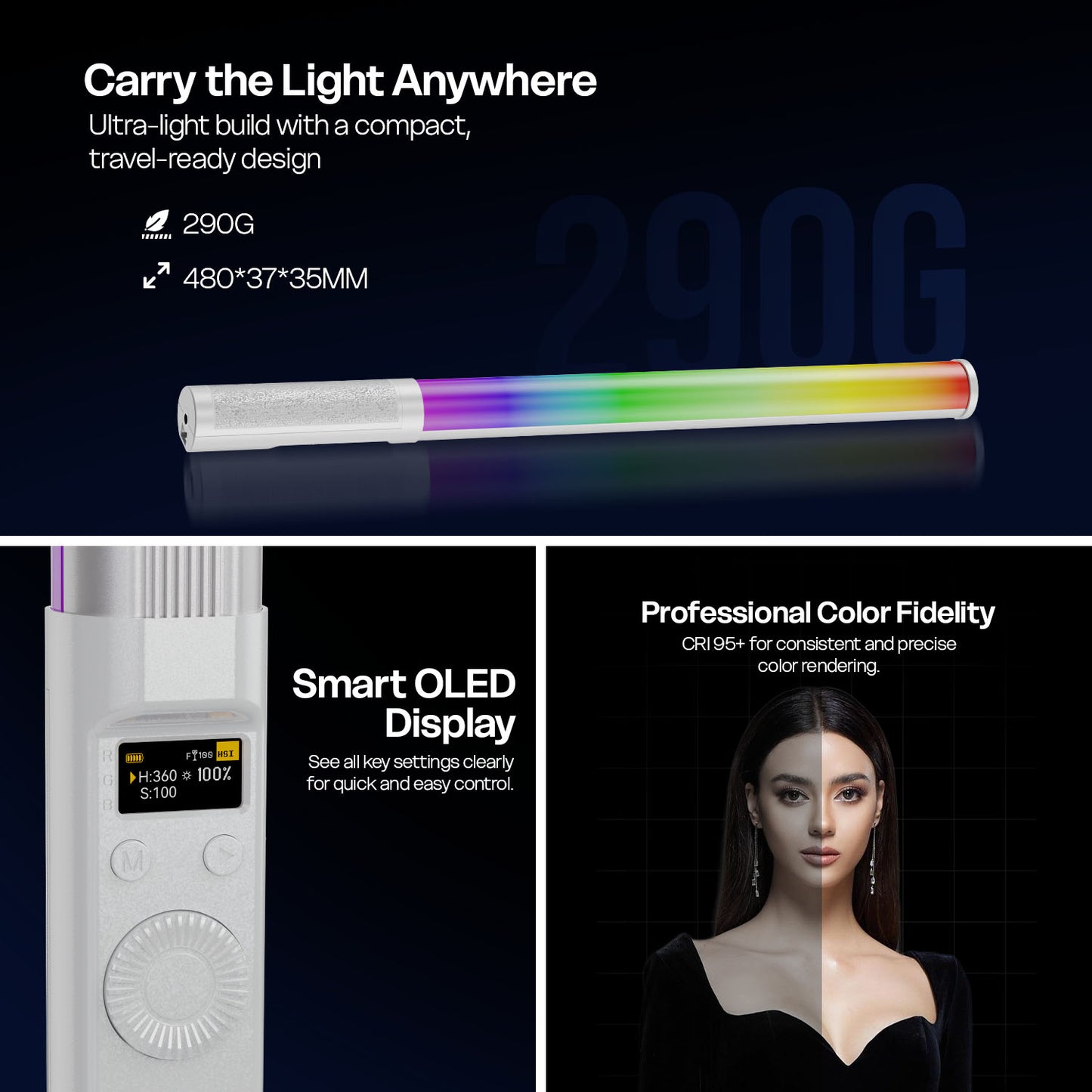 HF-225 RGB LED Stick Light 12W, 2500-9900K, App Control, 24 FX, 3000mAh, Type-C