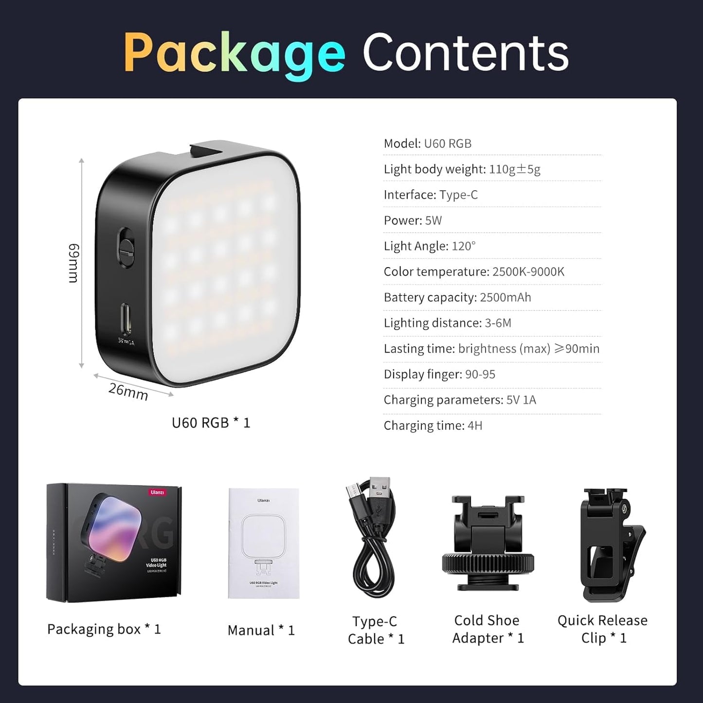 Ulanzi U60 (Black) RGB Video Light, 360° Color, CRI≥95, 2500-9000K, 2500mAh