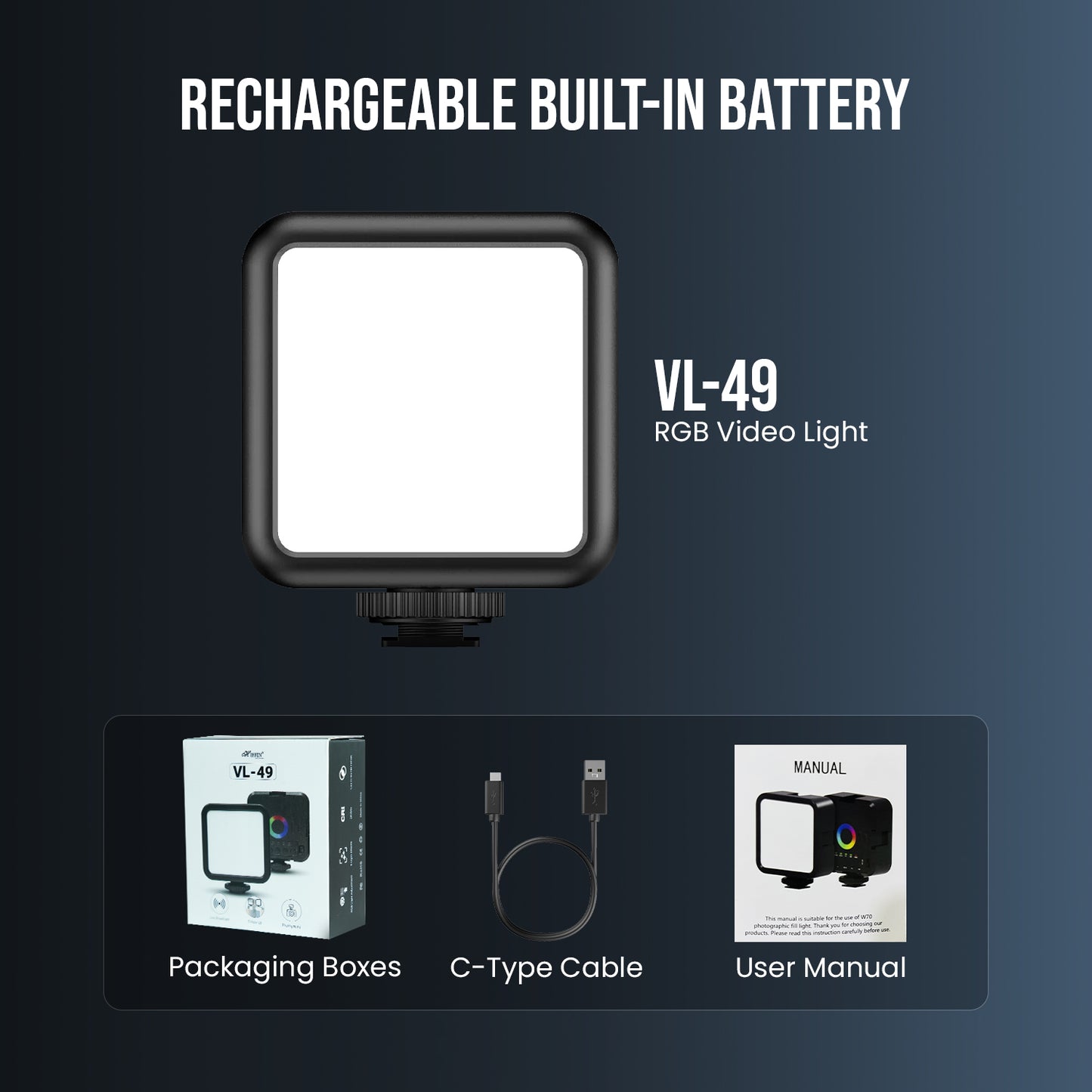 VL49 RGB Video Light, 3000-9000K, 1200mAh, 9 Effects, CRI 95+