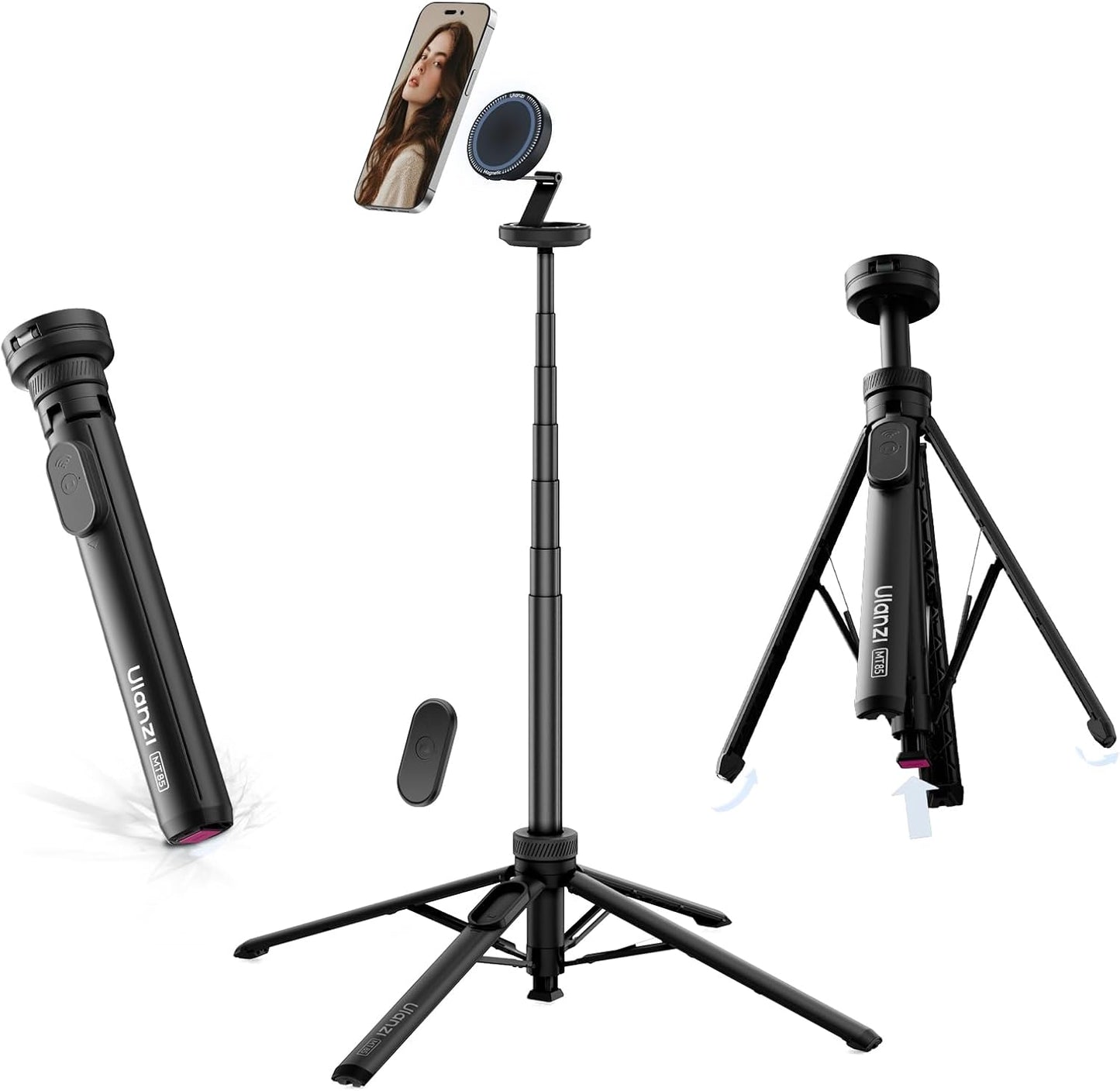 ULANZI MT85 Automatic Phone Tripod, 60″ Auto-Open 4-Leg Stand for iPhone 12–17, Black/White