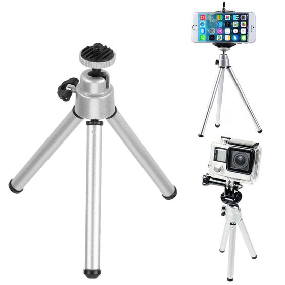 HIFFIN® Mini Table TOP Aluminium Telescopic Tripod with Mobile Clip for Camera, GO PRO,Mobile Phone (Silver) Tripod+Mobile Clip