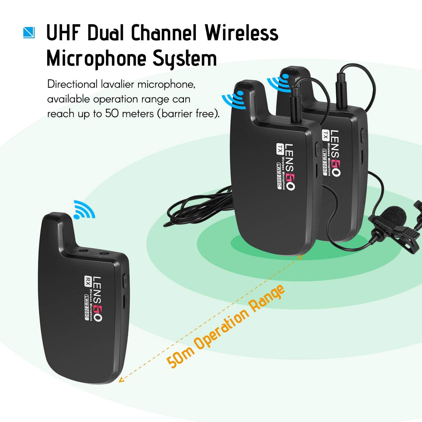 LENSGO LWM-308C Dual-Channels Lavalier Wireless Microphone - 2 Transmitter & 1 Receiver 50 Meter Range 8 Hour Battery for DSLR Camera Smartphones Gimbal Video Vlog Interview Clip-on Lapel Mic (2 TX & 1 RX)