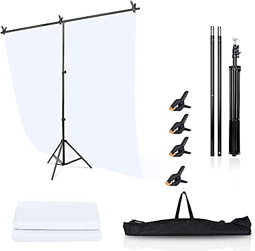 HIFFIN® White Screen Backdrop 6x10 ft with Stand 6x9FT Photography Backdrop with 1PC 6.5FT T-Shape Backdrop Stands, 4PCs Spring Clamps, 1PCs Carry Bag