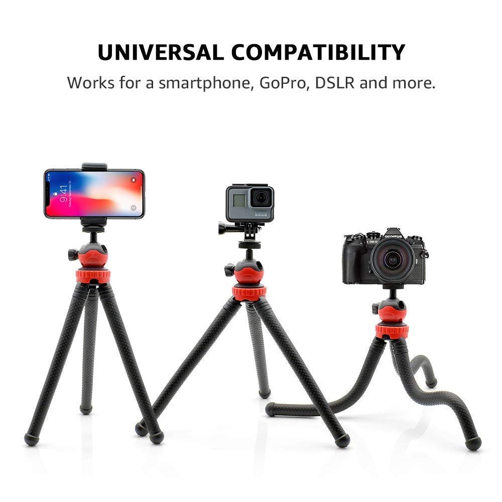 HIFFIN® 360 ° Rotatable Ball Head Flexible Gorillapod Tripod with Free Tripod Mount & Mobile Attachment for DSLR, Action Cameras & Smartphon - Black (Flexible Tripod 12 + 3 inches with Holder N)