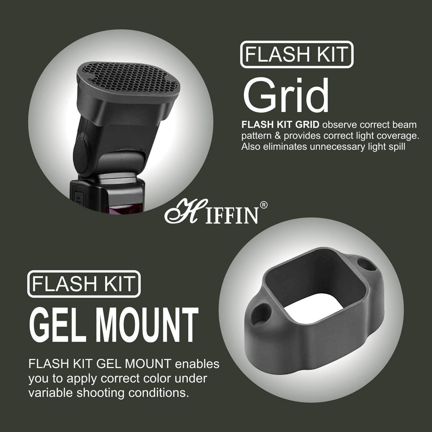 HIFFIN Professional Flash Accessories Kit Universally Compatible | New Labeled Flash Diffuser | Bounce | Grid | Gel | Grip & Sphere (Professional Flash Kit)