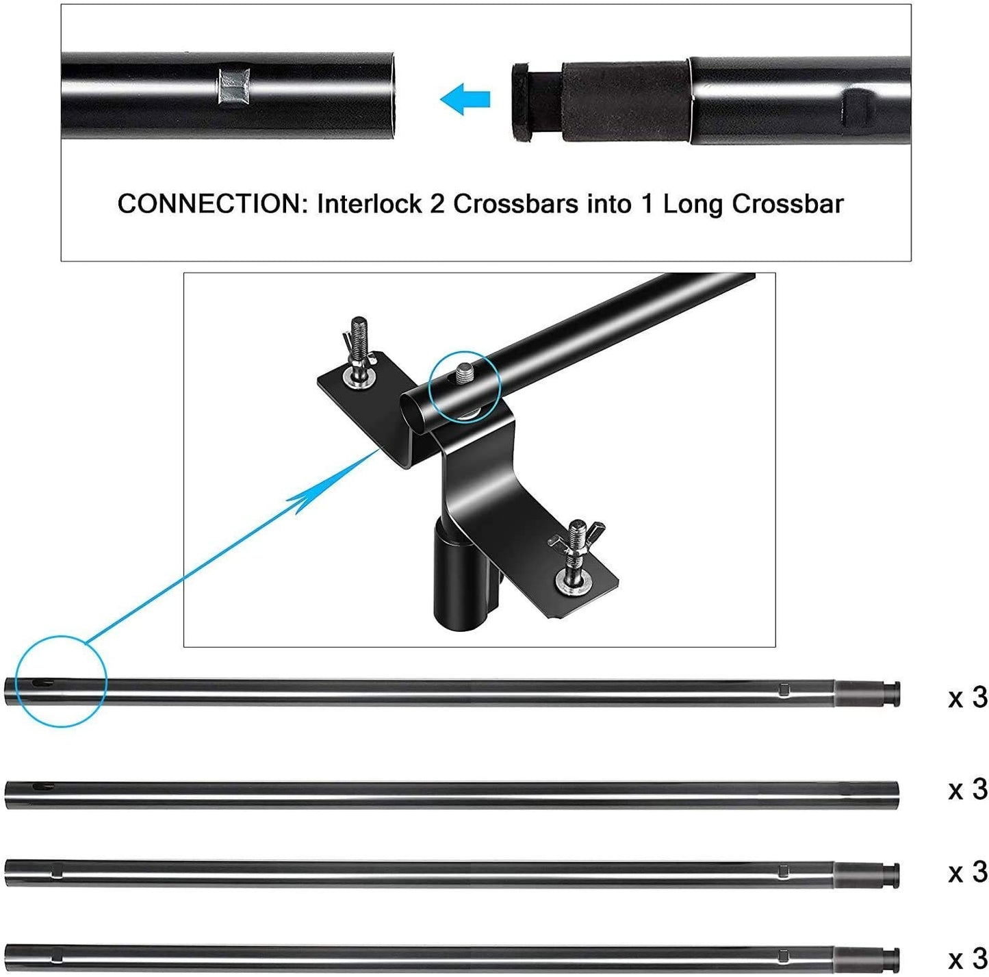 HIFFIN® Triple Crossbar 10 ft Wide 8.5 ft Height Backdrop Stand, Photo Video Studio Heavy Duty Adjustable Photography Muslin Background Support System Kit - 3 in 1 | 3 Curtains