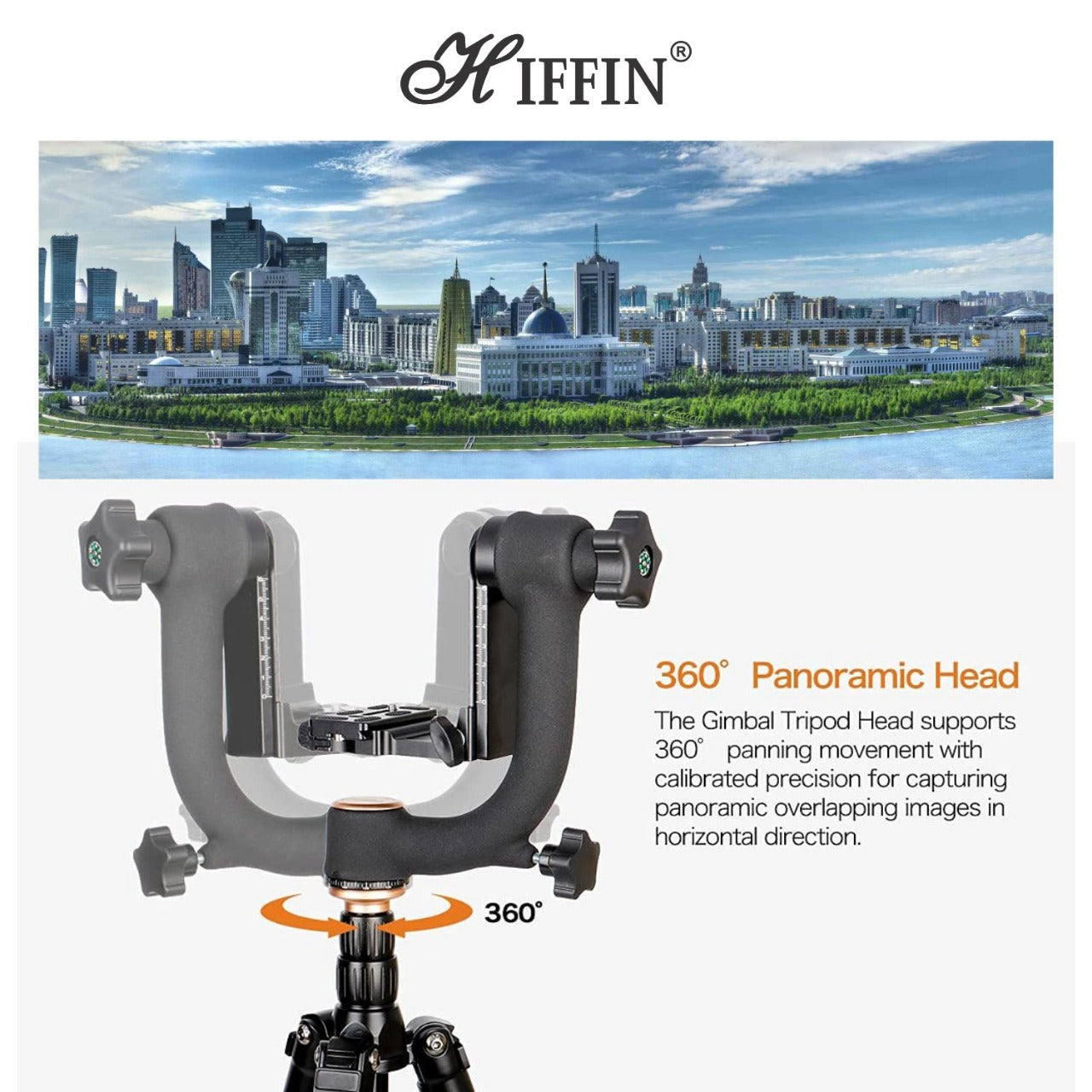 HIFFIN Professional Heavy Duty Metal 360 Degree Panoramic Gimbal Tripod Head with Arca-Swiss Standard 1/4'' Quick Release Plate and Bubble Level for Digital