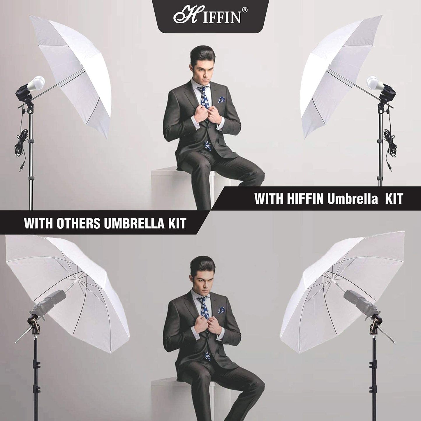HIFFIN® E27 IV Point Studio Double Holder Kit Umbrella White + Studio Light Stand 9 FT Bulb Holder KIT Mark IV | 4 Double Holder | 4 Light Stand 9ft | 4 Umbrella |1 Boom