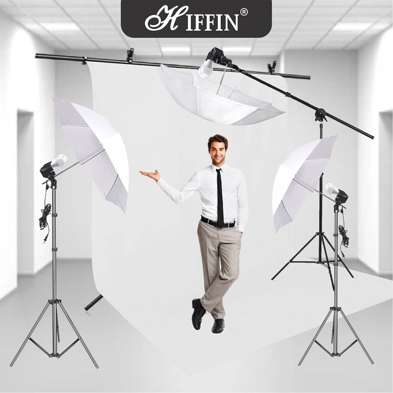 HIFFIN® White Screen Backdrop 8x12 ft with 9 ft Stand - 3 Packs 6x9 ft Photography Backdrop with 2 Pcs Spring Clamps, 1PCs Carry Bag (T Shape Kit C2 C1 W & Double Holder Kit M3)