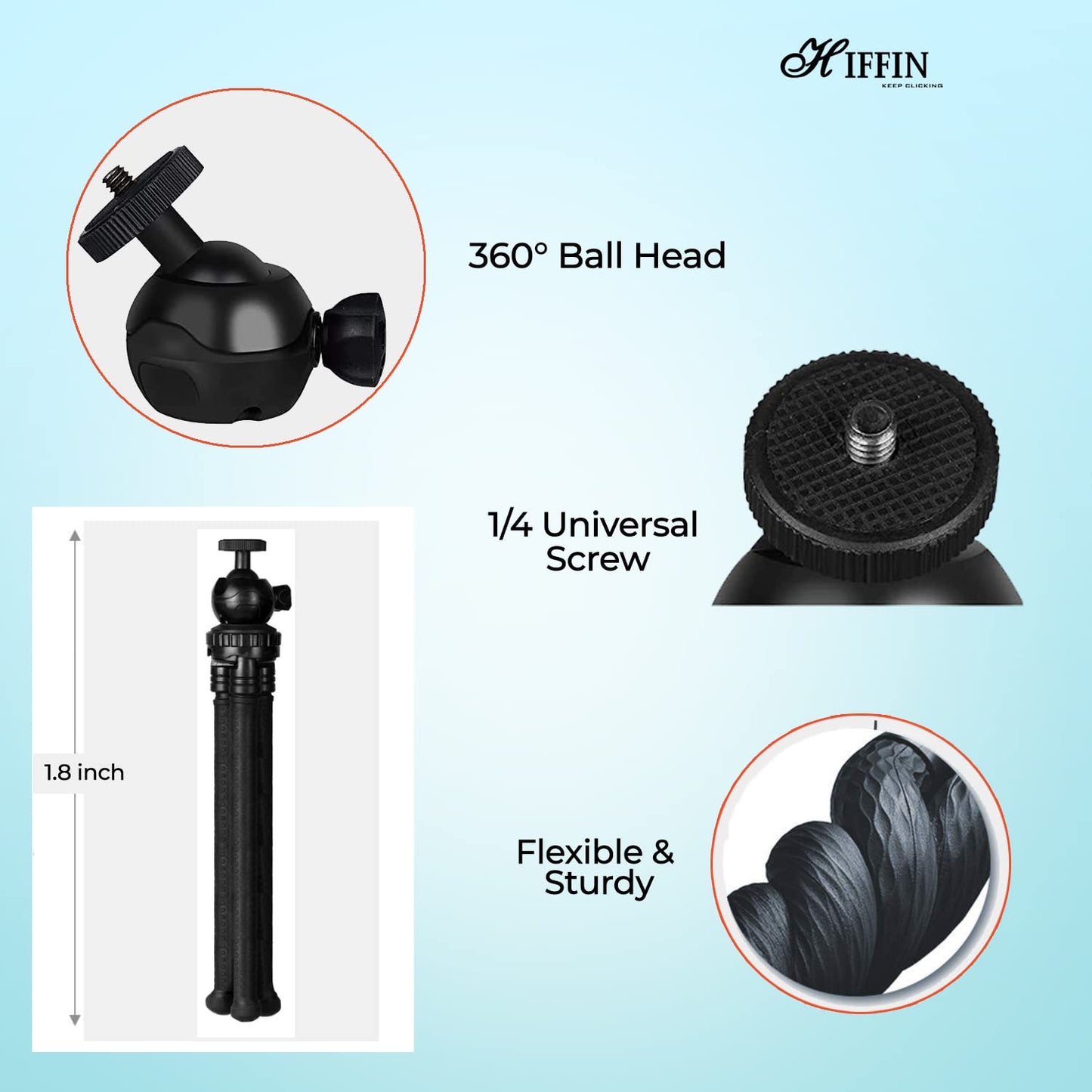 HIFFIN Flexible Gorillapod Tripod with 360° Rotating Ball Head Tripod for All DSLR Cameras(Max Load 2.5 kgs) & Mobile Phones + Free Heavy Duty Mobile Holder(Black) 304.8 MM (12 Inch, Black)