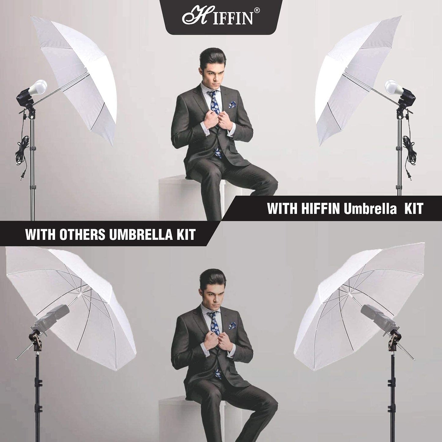 HIFFIN E27 3 Point Studio Triple Holder Kit Umbrella White + Studio Light Stand 2.7432M (9 FT) Bulb Holder KIT Mark III | 3 Triple Holder | 3 Light Stand 9ft | 3 Umbrella | 9 20 W LED Bulb | 1 Boom | 1 Bag