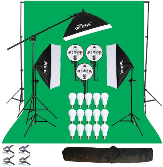 HIFFIN® 5 PRO Quadlux Mark III Soft Led Still & Video Light Softbox 3 Point Lighting Kit with Backdrop Stand, 9x10ft Photo Video Studio Muslin 1 x Curtain Green | Stand Backdrop Support System Kit