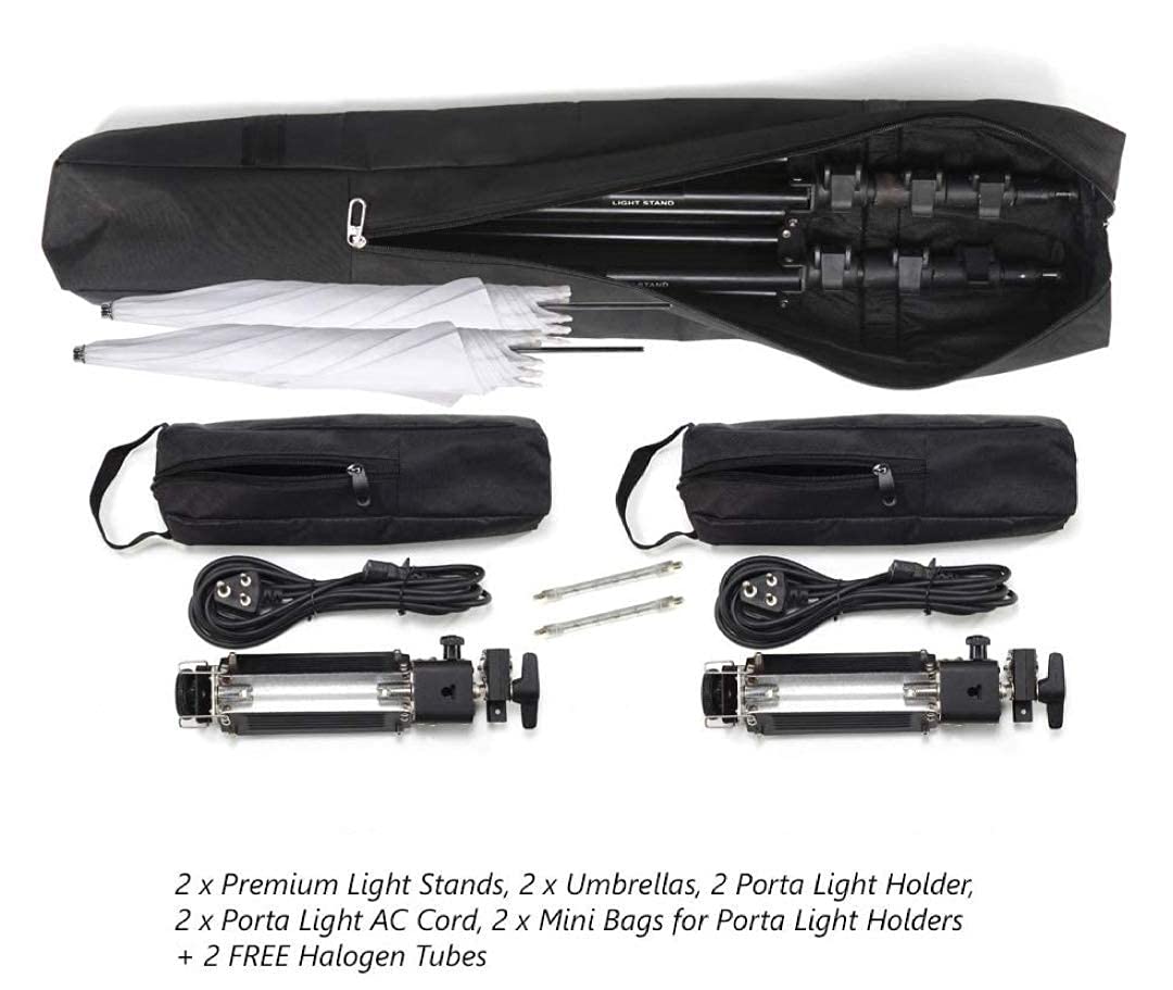 HIFFIN® Extra-Heavy-Duty Porta Kit (14 feet) with Pair of Light Stands, Porta Lights and Umbrellas Professional Studio Setup