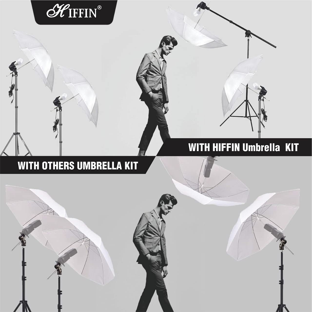 HIFFIN® E27 4 Point Studio Holder Kit Umbrella White + Studio Light Stand 9 FT Bulb Holder KIT Mark IIII | 4 Triple Holder | 4 Light Stand 9ft | 4 Umbrella | 12 x 20 W LED Bulb | 1 Boom | 1 Bag