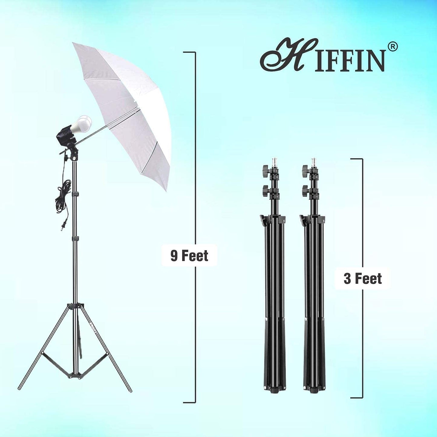 HIFFIN E27 3 Point Studio Triple Holder Kit Umbrella White + Studio Light Stand 2.7432M (9 FT) Bulb Holder KIT Mark III | 3 Triple Holder | 3 Light Stand 9ft | 3 Umbrella | 9 20 W LED Bulb | 1 Boom | 1 Bag