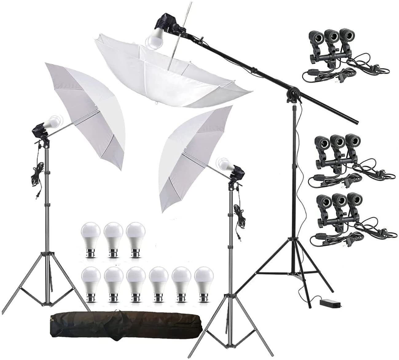 HIFFIN E27 3 Point Studio Triple Holder Kit Umbrella White + Studio Light Stand 2.7432M (9 FT) Bulb Holder KIT Mark III | 3 Triple Holder | 3 Light Stand 9ft | 3 Umbrella | 9 20 W LED Bulb | 1 Boom | 1 Bag