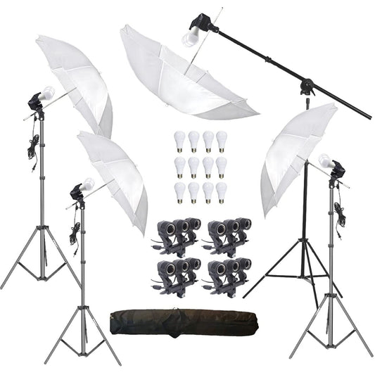 HIFFIN® E27 4 Point Studio Holder Kit Umbrella White + Studio Light Stand 9 FT Bulb Holder KIT Mark IIII | 4 Triple Holder | 4 Light Stand 9ft | 4 Umbrella | 12 x 20 W LED Bulb | 1 Boom | 1 Bag