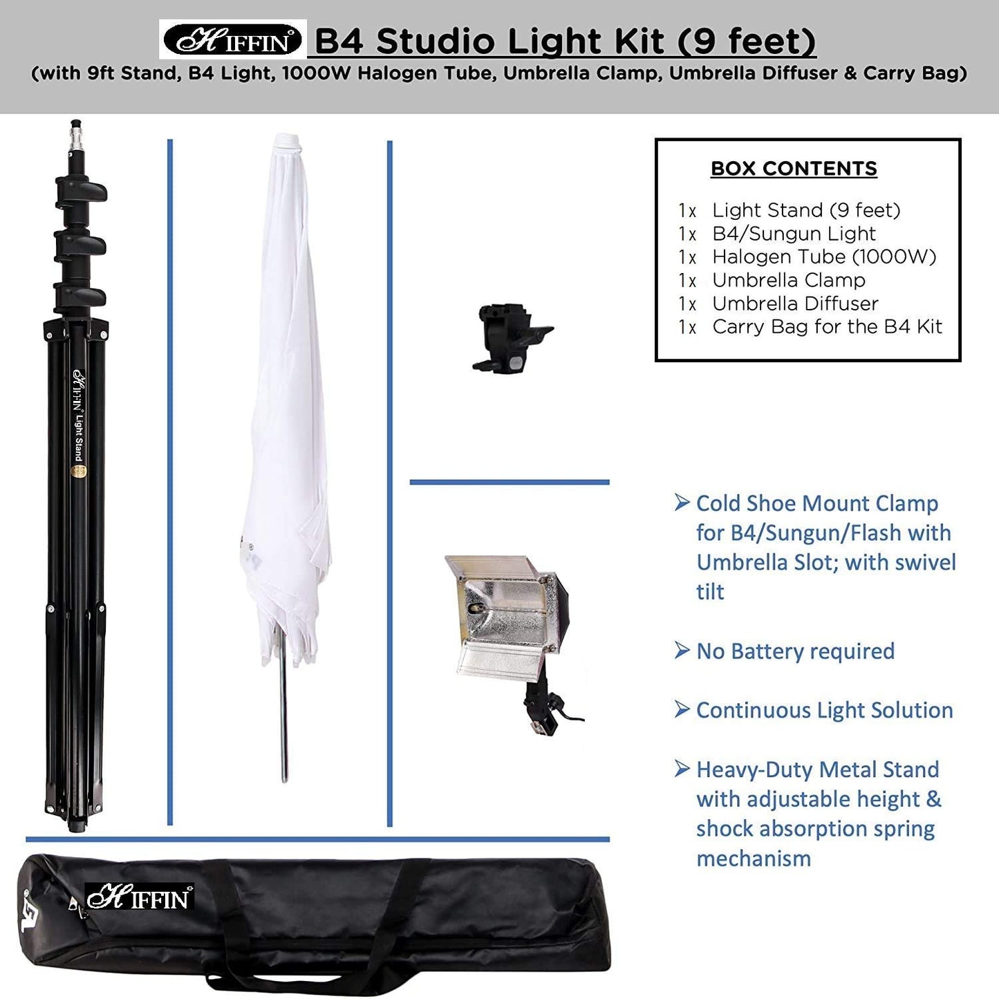 HIFFIN® Studio Home 33 Umbrella Stand Setup with Sungun Adapter B-Bracket and Stand Single Set with Continuous/Video Light with 1000 Watt Halogen Tube B4 Light kit Set of 1