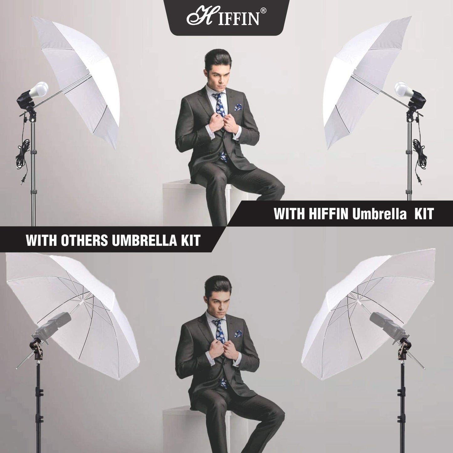 HIFFIN E27 STUDIO DOUBLE  HOLDER KIT UMBRELLA WHITE + STUDIO LIGHT STAND 2.7432M (9 FT)+ UMBRELLA AND BULB HOLDER KIT SET OF 1 (1 SINGLE HOLDER,1 LIGHT STAND 9FT,1 UMBRELLA, 1 18 WT LED BLUB)
