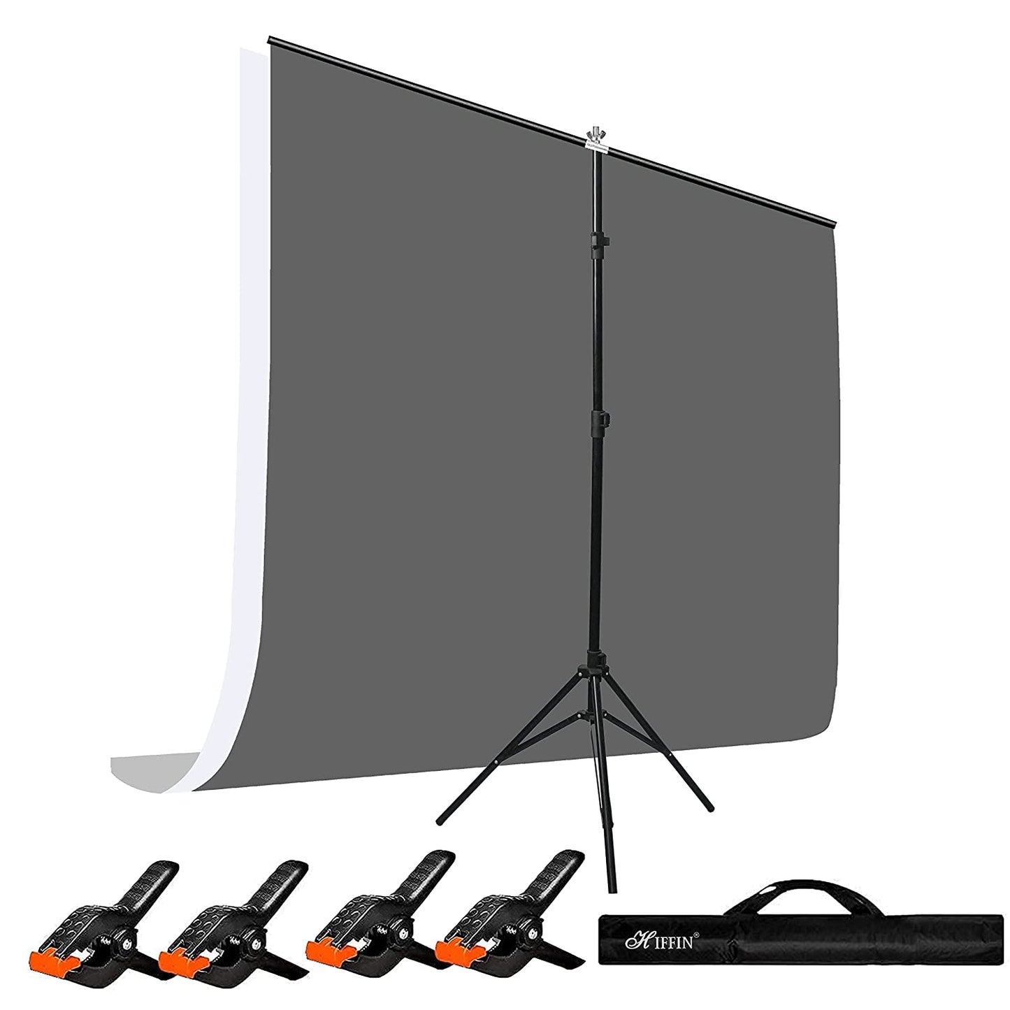 HIFFIN® White|Grey Screen Backdrop 6x10 ft with Stand -6x9FT Photography Backdrop with 1PC 6.5FT T-Shape Backdrop Stands, 4PCs Spring Clamps, 1PCs Carry Bag