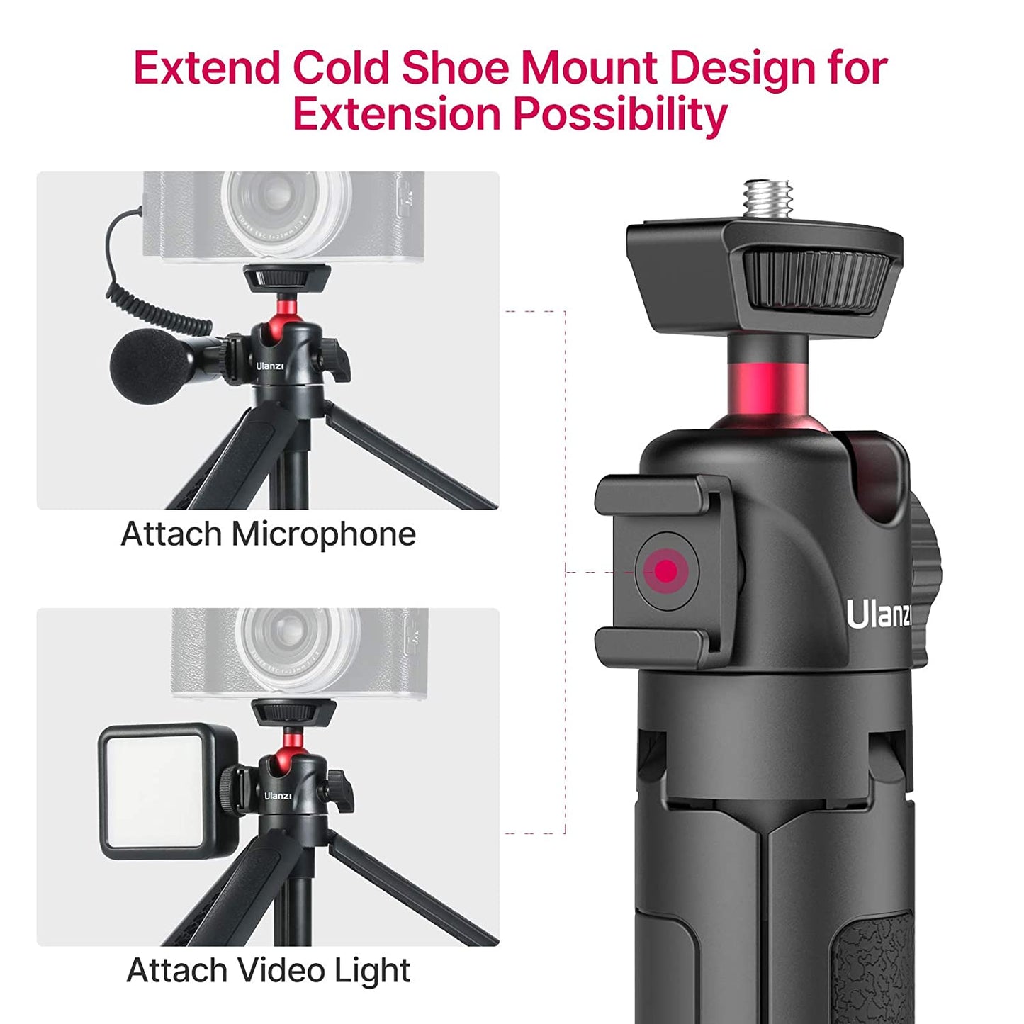 Ulanzi MT-16 Camera Tripod Stand Holder, Mini Tabletop Tripod Selfie Stick with Cold Shoe Travel Tripod