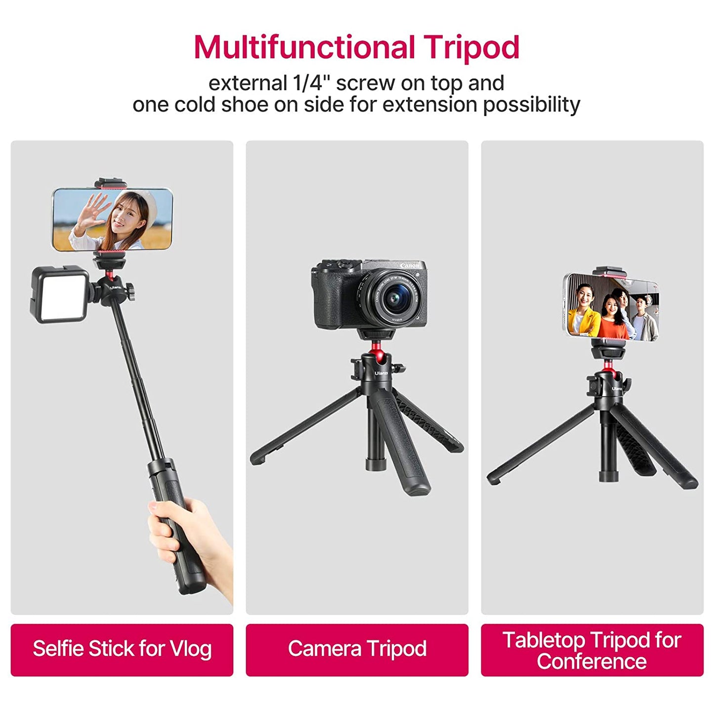 Ulanzi MT-16 Camera Tripod Stand Holder, Mini Tabletop Tripod Selfie Stick with Cold Shoe Travel Tripod
