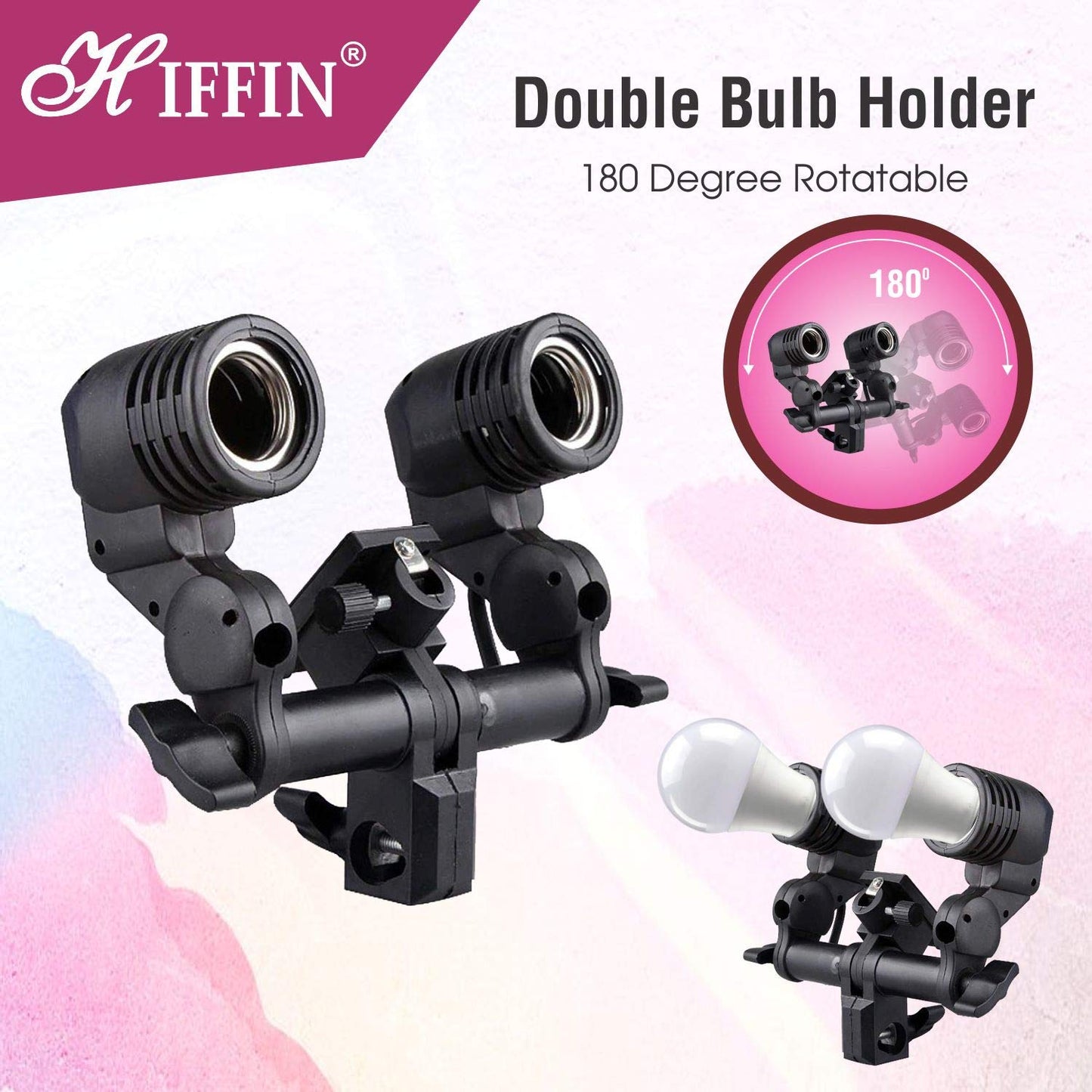 HIFFIN E27 STUDIO DOUBLE  HOLDER KIT UMBRELLA WHITE + STUDIO LIGHT STAND 2.7432M (9 FT)+ UMBRELLA AND BULB HOLDER KIT SET OF 1 (1 SINGLE HOLDER,1 LIGHT STAND 9FT,1 UMBRELLA, 1 18 WT LED BLUB)