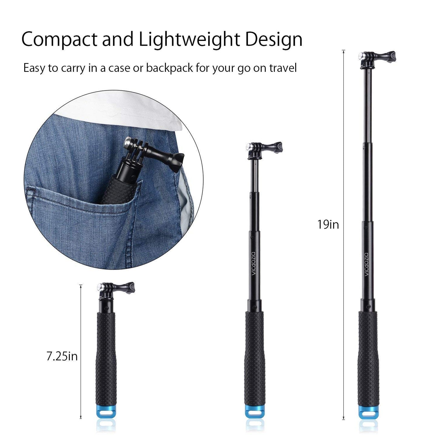 HIFFIN (19 Inches/48.26 CM) Extendable Hand Grip Waterproof Monopod Selfie Stick for Action Cameras Compatible with GoPro Hero 9/8/7/6/5, SJCAM, Eken, Yi (Size: