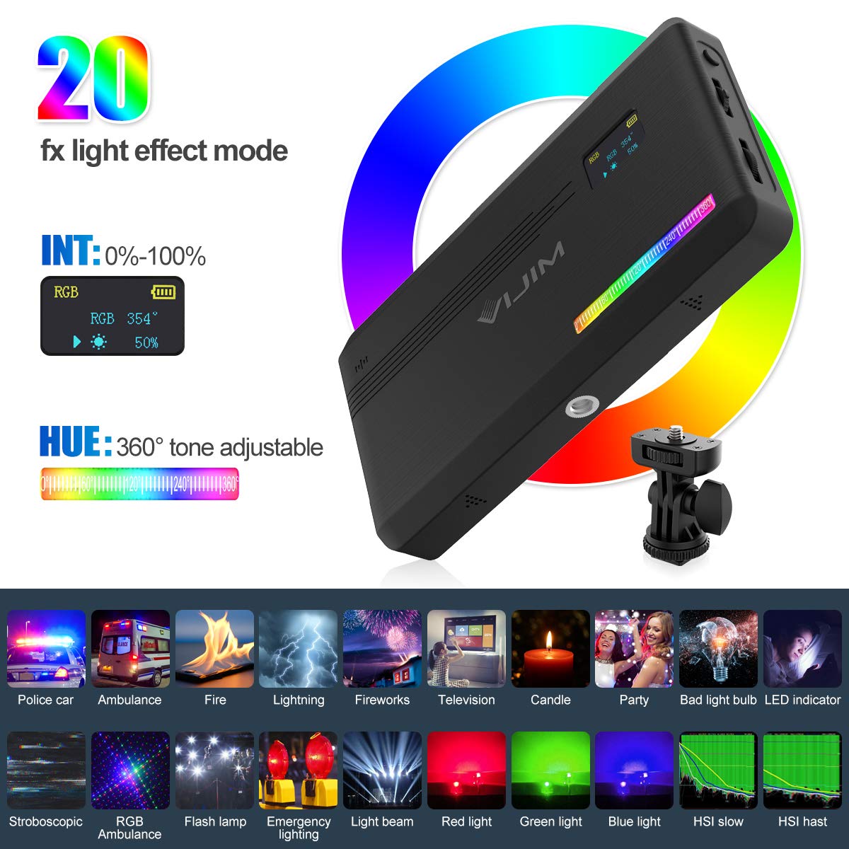 VIJIM VL196 RGB Light 2500K-9000K, 20 Modes, Soft Board & Honeycomb Frame