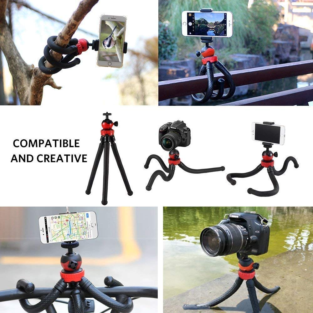 HIFFIN® 360 ° Rotatable Ball Head Flexible Gorillapod Tripod with Free Tripod Mount & Mobile Attachment for DSLR, Action Cameras & Smartphon - Black (Flexible Tripod 12 + 3 inches with Holder N)