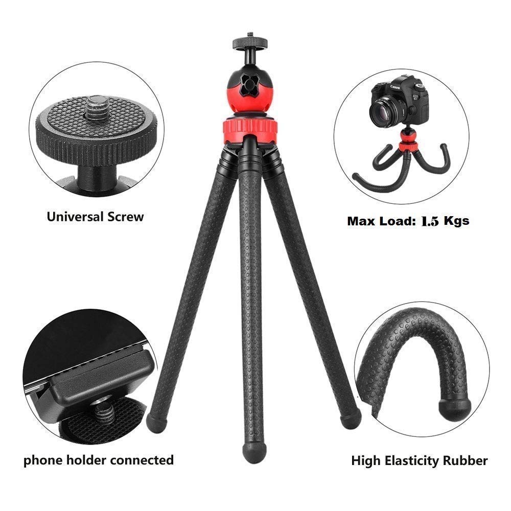 HIFFIN Flexible Gorillapod Tripod with 360° Rotating Ball Head Tripod for All DSLR Cameras(Max Load 1.5 kgs) & Mobile Phones (Black/Red) with Triopod Holder