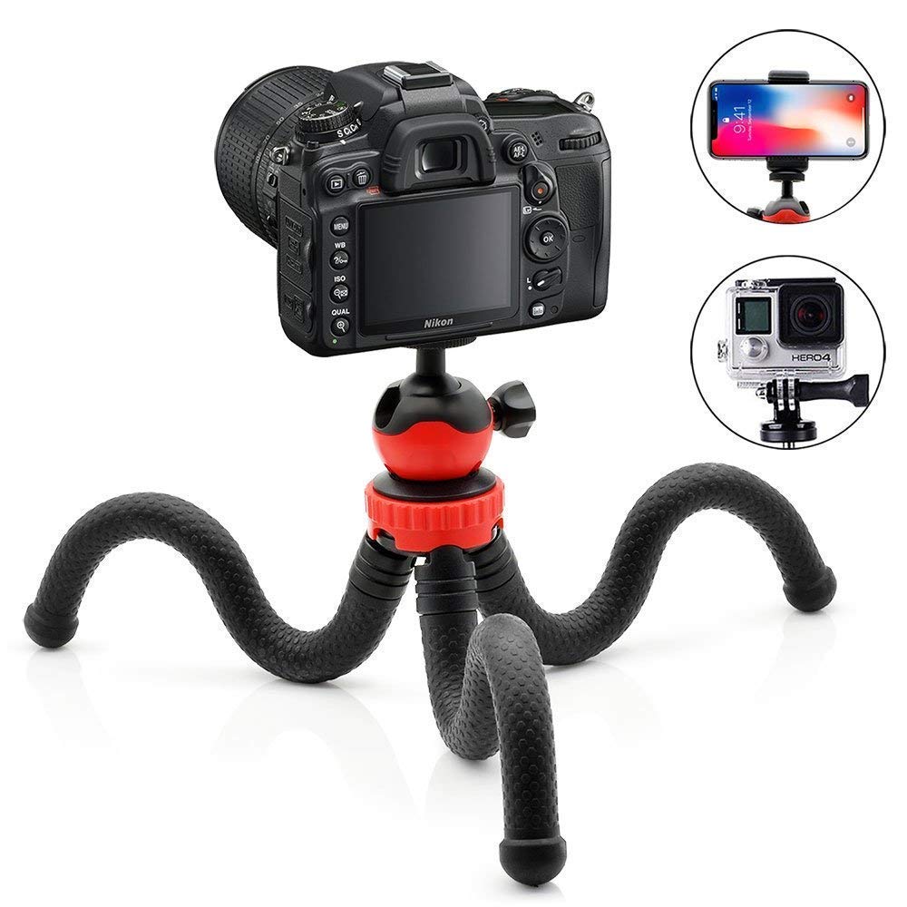 HIFFIN® 360 ° Rotatable Ball Head Flexible Gorillapod Tripod with Free Tripod Mount & Mobile Attachment for DSLR, Action Cameras & Smartphon - Black (Flexible Tripod 12 + 3 inches with Holder N)